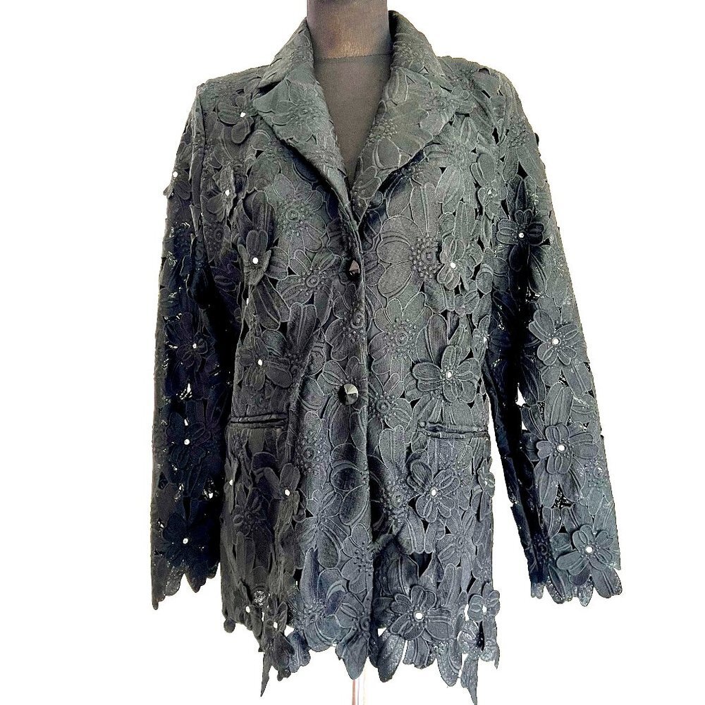 NWT Berek Floral Lace Jacket Peek-A-Boo 3D Button Front Jacket w/ Rhinestone